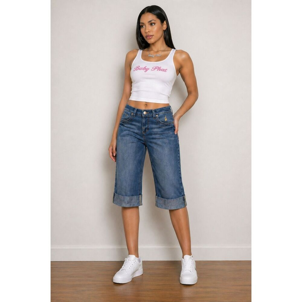 Baby Phat Jean Shorts Bermuda Capri Cuffed Denim Sz 11 Mid Rise Y2K Streetwear H